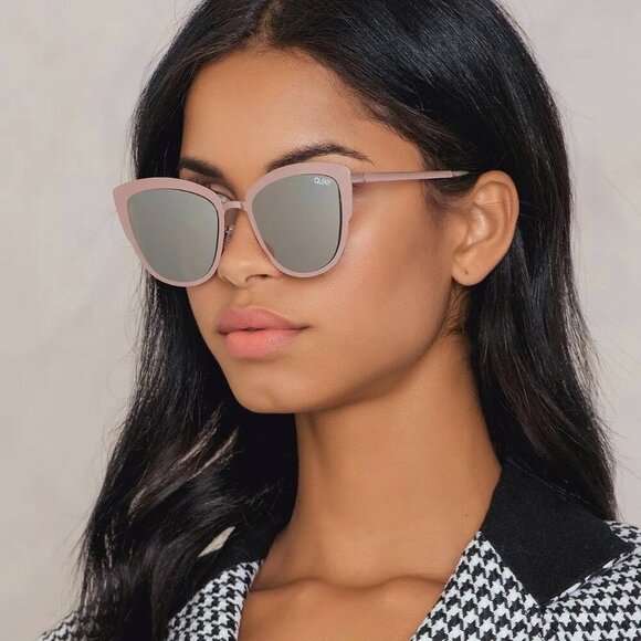 New Quay Super Girl Cat Eye Sunglasses Mirrored Oversized Pink Metal Frame